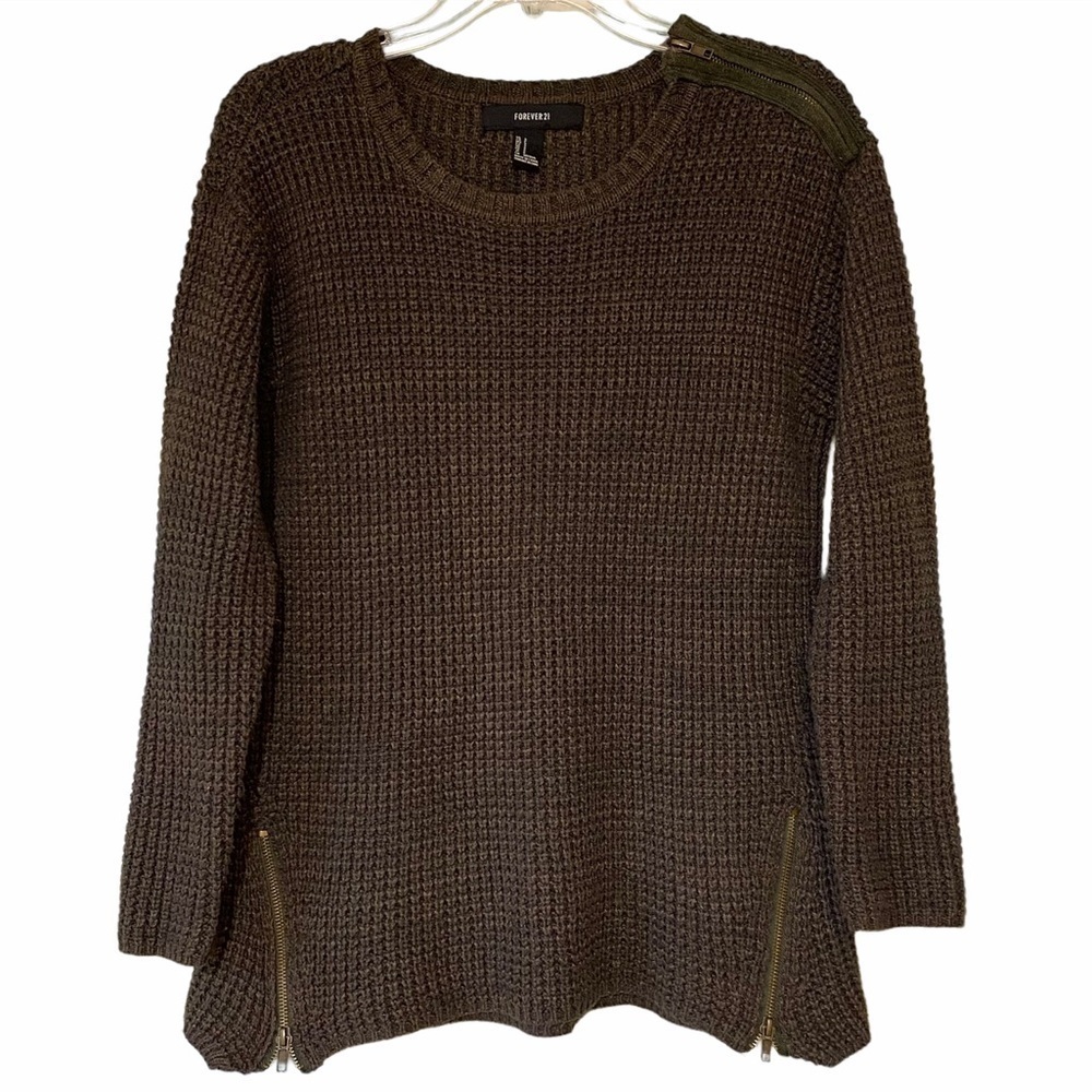 Forever 21 Knit Sweater Zipper Accents Olive Green Sz Small